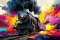 Generative AI Vibrant watercolor style locomotive train moving on railway track with colorful background business Royalty Free Stock Photo