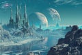 Fantasy Scene: Alien Planet with Castle and Two Moons Royalty Free Stock Photo