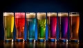 Vibrant colored beer glasses full of frothy, wet refreshment generated by AI