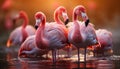 Vibrant colored birds wading in tranquil African pond generated by AI