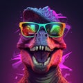 Vibrant colored dinosaur closeup, wearing sunglasses, in fun design. Royalty Free Stock Photo