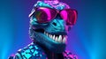 Vibrant colored dinosaur closeup, wearing sunglasses, in fun design. Royalty Free Stock Photo