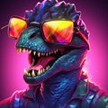 Vibrant colored dinosaur closeup, wearing sunglasses, in fun design. Royalty Free Stock Photo