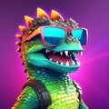 Vibrant colored dinosaur closeup, wearing sunglasses, in fun design. Royalty Free Stock Photo