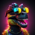 Vibrant colored dinosaur closeup, wearing sunglasses, in fun design. Royalty Free Stock Photo