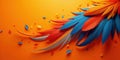 Vibrant colored feathers arranged artistically on a bright orange background, showcasing a dynamic composition of blue, orange, Royalty Free Stock Photo