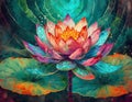 vibrant colored lotus flower with a blue swirl graphic background