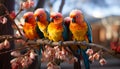 Vibrant colored macaw perched on branch outdoors generated by AI Royalty Free Stock Photo