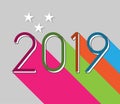 Vibrant colored new year 2019 card with long shadow for invitation cards, greetings, christmas congratulations etc