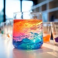 Vibrant Colored Paint Swirling in Glass Beaker on White Desk
