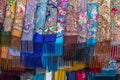 Vibrant colored and patterned scarfs for sale, Suzdal, Russia