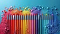Vibrant colored pencils arranged in a rainbow pattern with multicolored powder, creating a visually stunning gradient effect Royalty Free Stock Photo