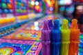 Vibrant Colored Plastic Game Pieces in Arcade Setting with Bright Lights and Vivid Patterns Royalty Free Stock Photo