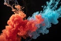 Dynamic plumes of colorful smoke merging on a stark black background. Royalty Free Stock Photo