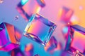 A vibrant, colorful abstract background with scattered, translucent floating prisms. The glowing,