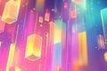 A vibrant, colorful abstract background with scattered, translucent floating prisms. The glowing,