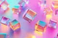A vibrant, colorful abstract background with scattered, translucent floating prisms. The glowing,