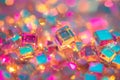 A vibrant, colorful abstract background with scattered, translucent floating prisms. The glowing,