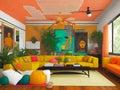 Vibrant Colorful Aesthetic Modern Living Room Illustration. Generative AI