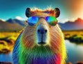 a vibrant, colorful capybara with a hyper-realistic face in frontal view. The background is a drive thru safari. The capybaras