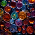 A vibrant and colorful collection of microorganisms cultures in petri dishes. Royalty Free Stock Photo