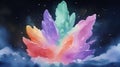 A vibrant, colorful crystal formation emerging from clouds in a dreamy, ethereal setting Royalty Free Stock Photo