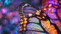 A vibrant and colorful display of iridescent butterfly wings fills the frame each one uniquely patterned. These