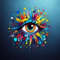 vibrant and colorful eye, surrounded by an explosive array of shapes, patterns, and hues against a dark background