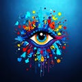 vibrant and colorful eye, surrounded by an explosive array of shapes, patterns, and hues against a dark background