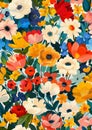 Vibrant, colorful floral illustration with various flowers and lush greenery. Blooming garden. Bold bright colors Royalty Free Stock Photo