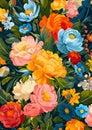 Vibrant, colorful floral illustration with various flowers and lush greenery. Blooming garden. Bold bright colors Royalty Free Stock Photo