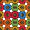 Vibrant and colorful hand drawn sunflower pattern illustration featuring brightly colored blossoms arranged in a repeating tiled Royalty Free Stock Photo