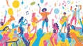 A vibrant, colorful illustration of a diverse group of people enjoying a lively music festival with various instruments and Royalty Free Stock Photo