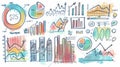 A vibrant and colorful illustration of handdrawn charts graphs and diagrams symbolizing data analysis growth strategy and