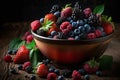 A bowl of mixed berries, including strawberries, blueberries, raspberries, and blackberries, generative ai