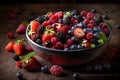 A bowl of mixed berries, including strawberries, blueberries, raspberries, and blackberries, generative ai