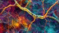 A vibrant colorful image of fungal hyphae intertwined with plant roots in a symbiotic relationship known as mycorrhiza