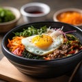 Korean Bibimbap Bowl with Fried Egg and Vegetables, AI Generated