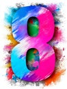 Vibrant colorful number eight with artful splashes and dynamic design Royalty Free Stock Photo