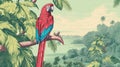 Red Parrot Perched On Palm Tree In Tropical Rainforest Illustration Royalty Free Stock Photo