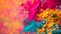 Vibrant colorful piles of pink, yellow and green pigment powders on orange background at the right side of image. Suitable for