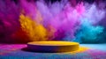 Vibrant colorful powder explosion backdrop with a yellow circular platform Royalty Free Stock Photo
