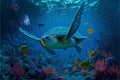 Vibrant colorful psychedelic green sea turtle underwater swimming