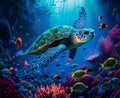 Vibrant colorful psychedelic green sea turtle underwater swimming Royalty Free Stock Photo