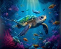Vibrant Colorful Psychedelic Green Sea Turtle Underwater Swimming