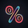 A vibrant, colorful rendering of a percentage symbol (%) on a dark background. The