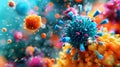 A vibrant, colorful representation of microscopic organisms, featuring various