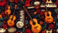 Seamless pattern of musical instruments and flowers Royalty Free Stock Photo