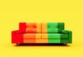 Vibrant colorful sofa on yellow background. Modern furniture and interior design ideas.