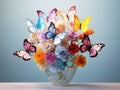 Vibrant colorful spring flowers in transparent vase decorated with silk butterflies. Generative AI